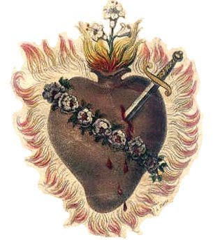The Immaculate Heart is shown encircled by a crown of roses and pierced by a sword, aflame with love for God and mankind. This symbol springs from the vision of the Sacred Heart had by St. Catherine Labour.