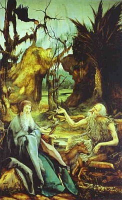 St Anthony Visiting St Paul the Hermit in the Desert, by Matthias Grunewald, 1512-1516