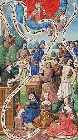 Christians listen to sermons, pray, flagellate themselves, and show charity -- by Francois Maitre, ca. 1475