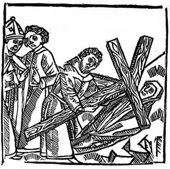 The True Cross bringing a woman back to life, 1438 woodcut